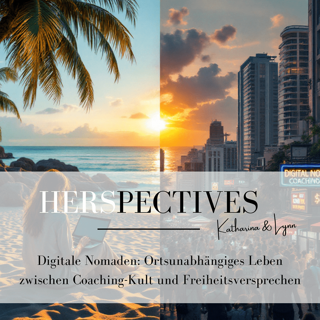 Strand mit Palmen links und Stadt mit Hochhäusern bei Sonnenuntergang rechts, darüber Text zu digitalem Nomadentum